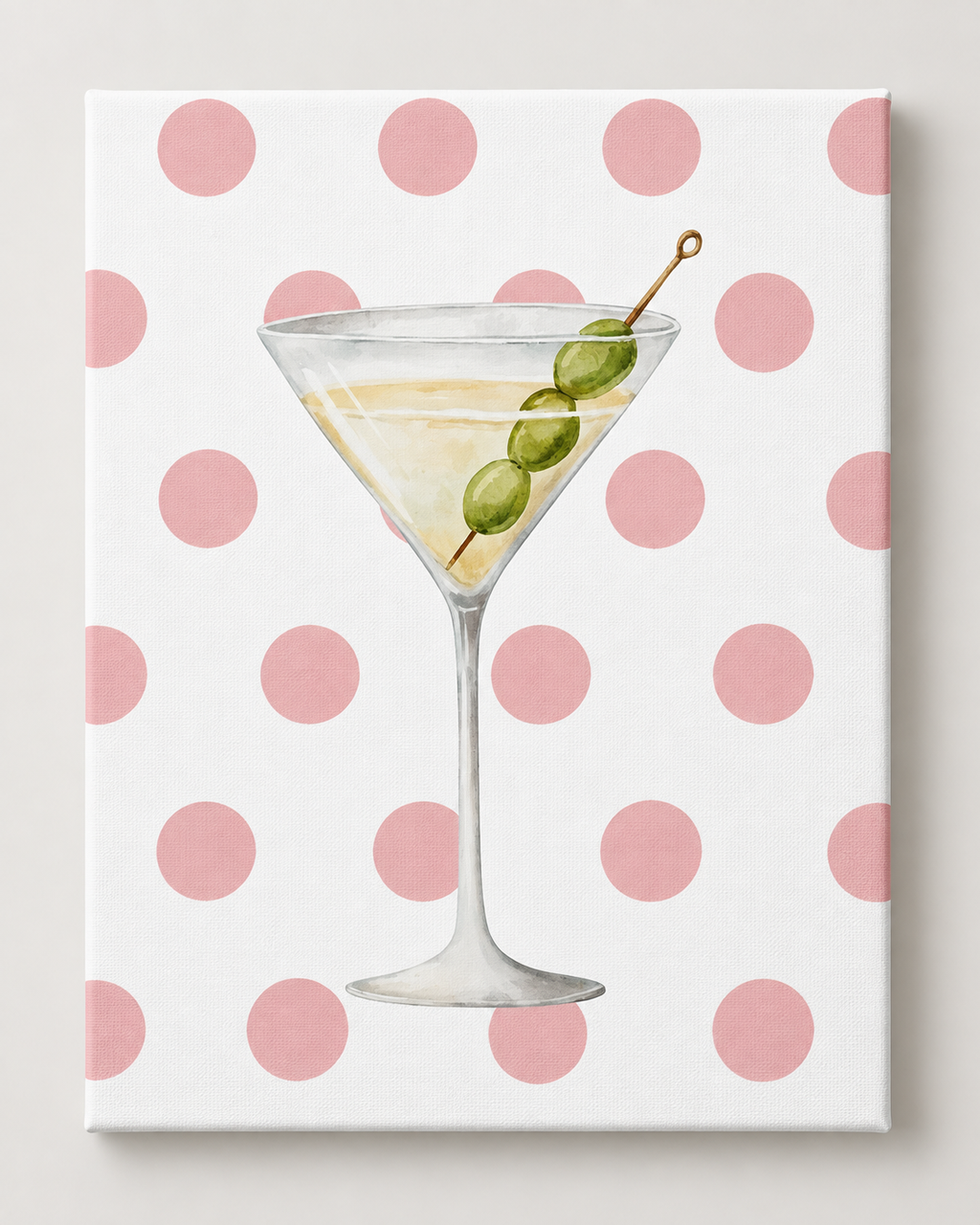 Pink polka dot martini DIY rhinestone art kit on cradled canvas