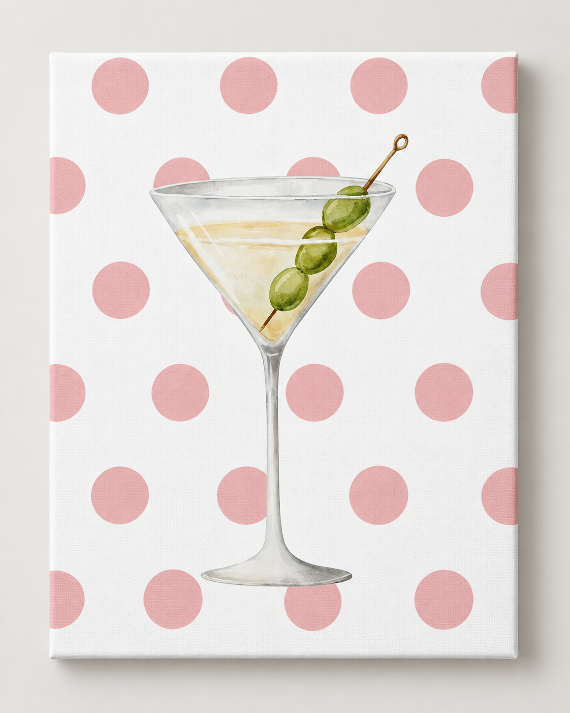 Pink polka dot martini DIY rhinestone art kit on cradled canvas
