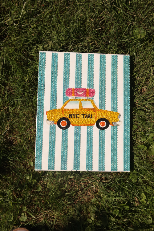 Blue striped NYC taxi DIY rhinestone art kit on cradled canvas