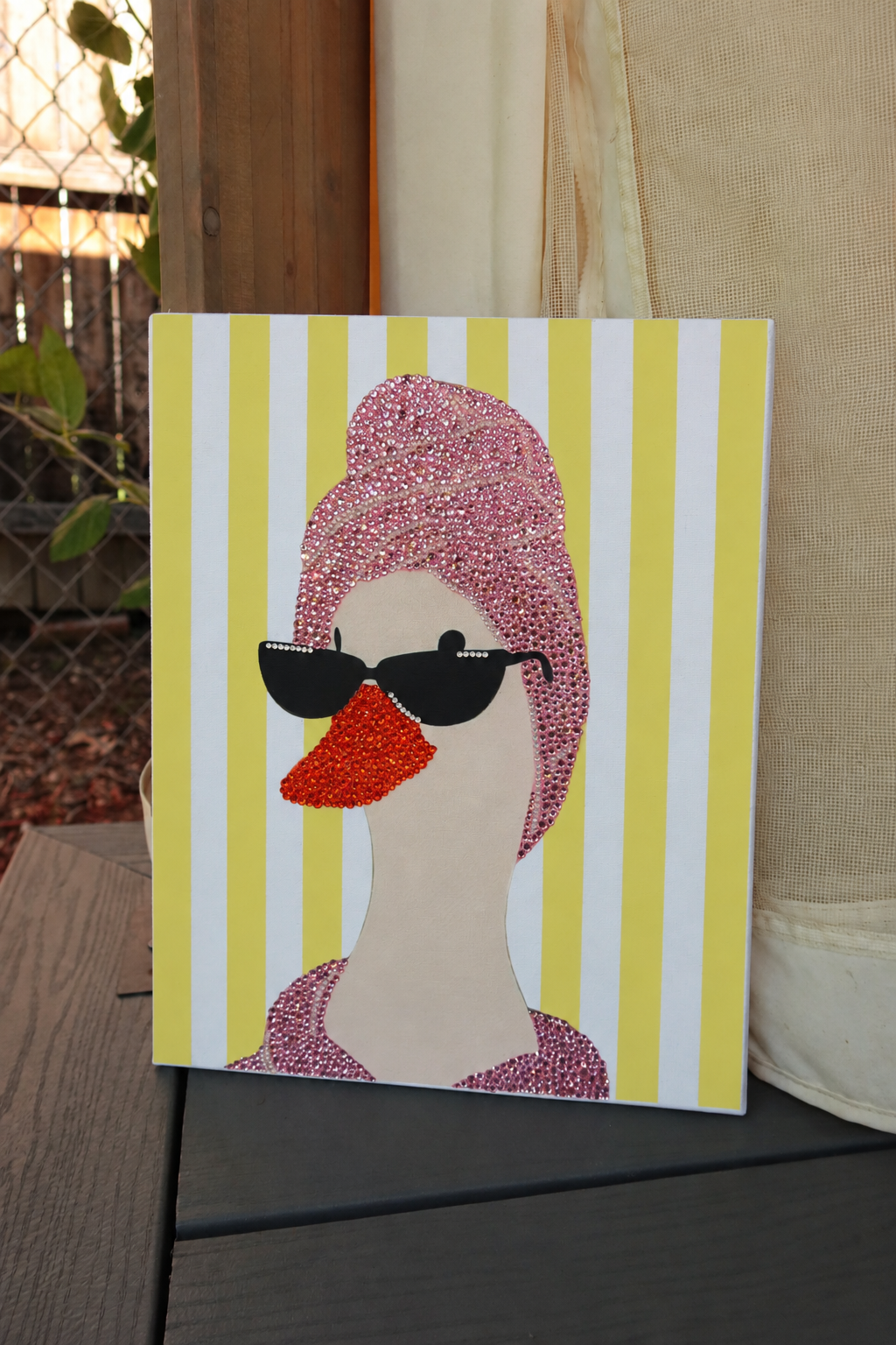 Yellow striped duck DIY rhinestone art kit on cradled canvas