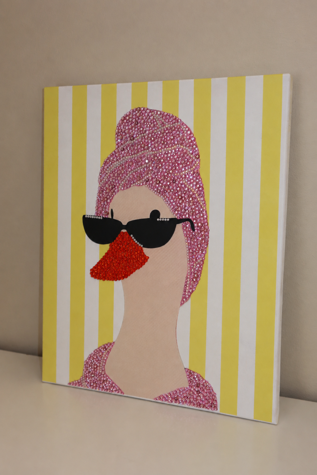 Yellow striped duck DIY rhinestone art kit on cradled canvas
