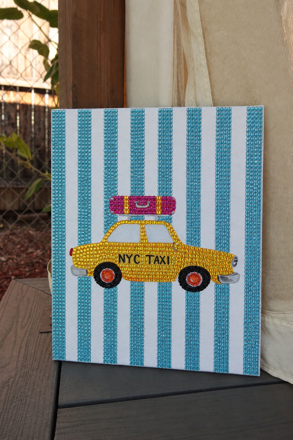 Blue striped NYC taxi DIY rhinestone art kit on cradled canvas