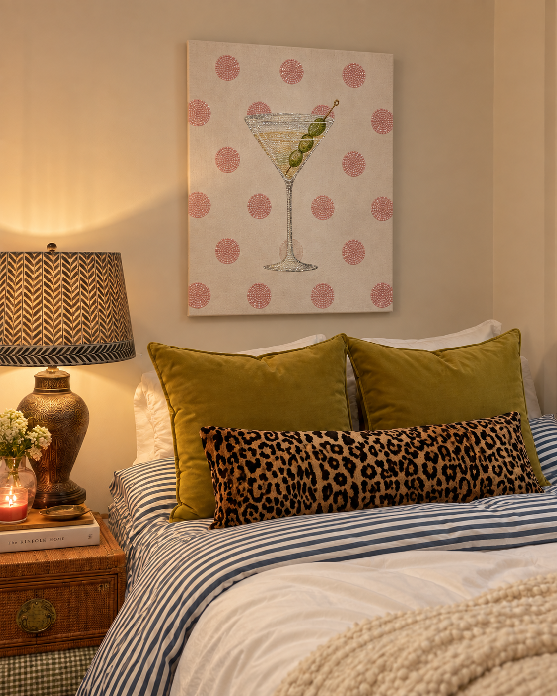 Pink polka dot martini DIY rhinestone art kit on cradled canvas