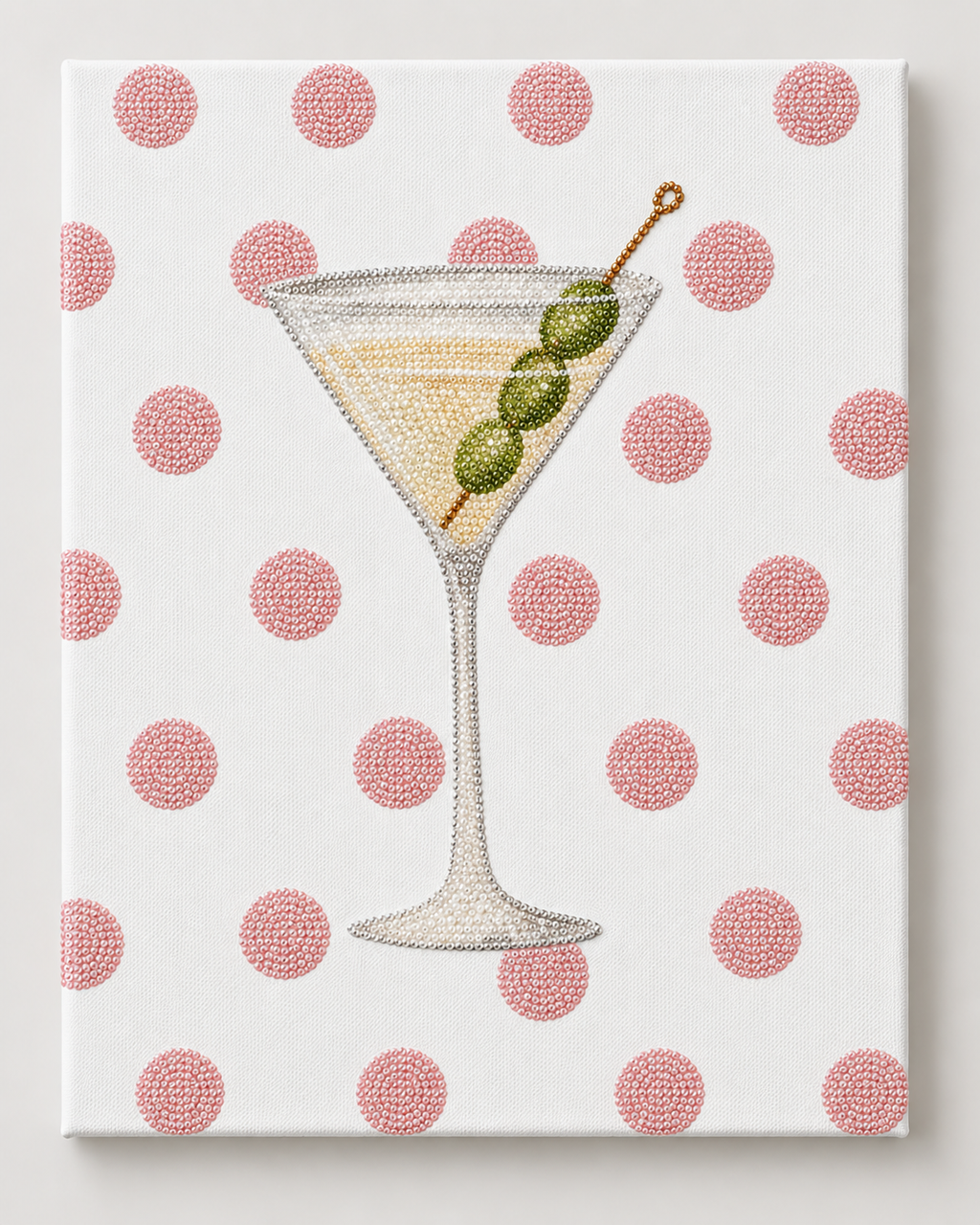 Pink polka dot martini DIY rhinestone art kit on cradled canvas
