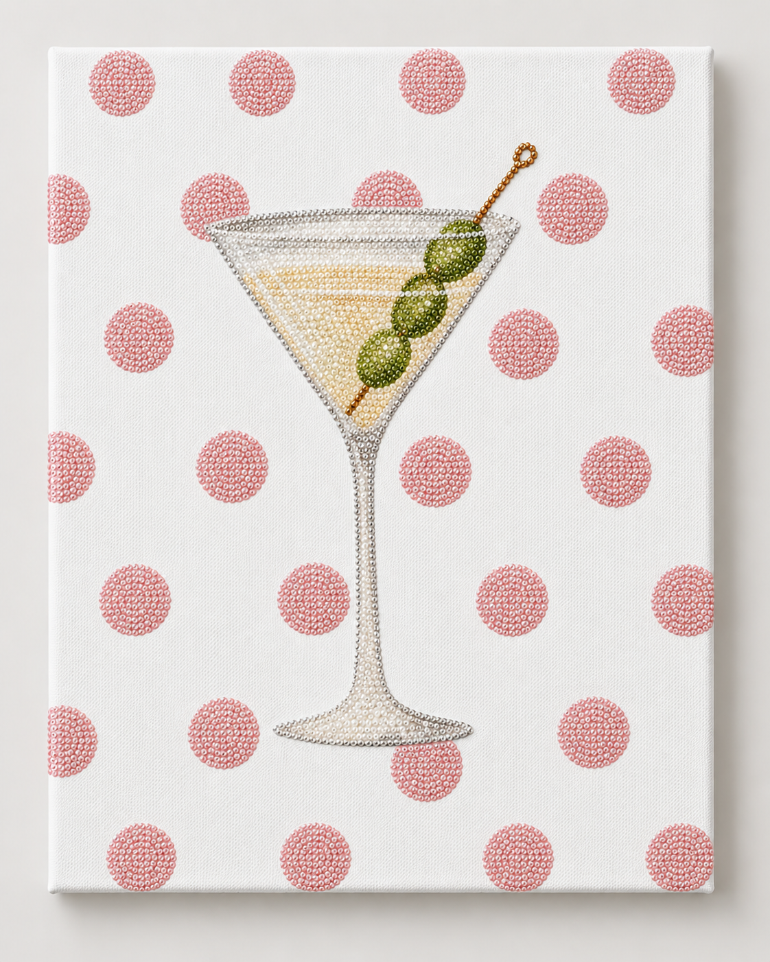 Pink polka dot martini DIY rhinestone art kit on cradled canvas