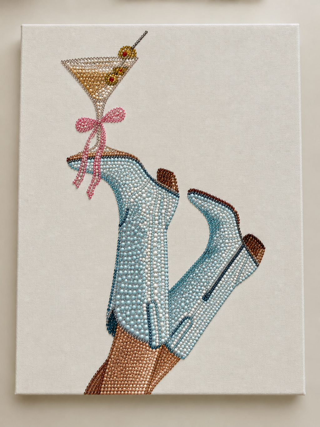 Blue cowboy boot DIY rhinestone art kit on cradled canvas