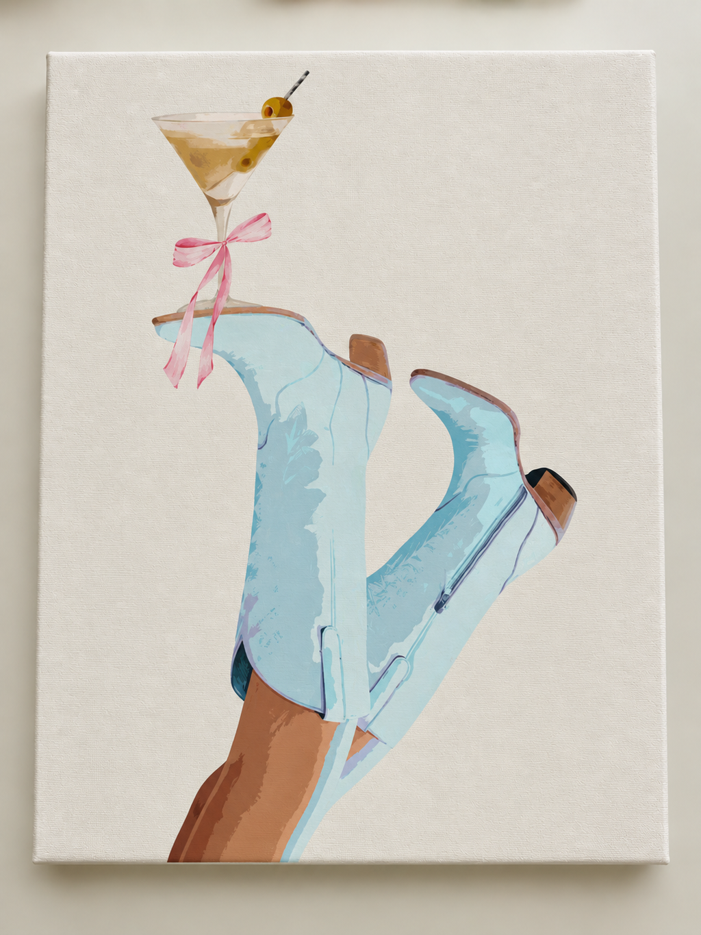 Blue cowboy boot DIY rhinestone art kit on cradled canvas