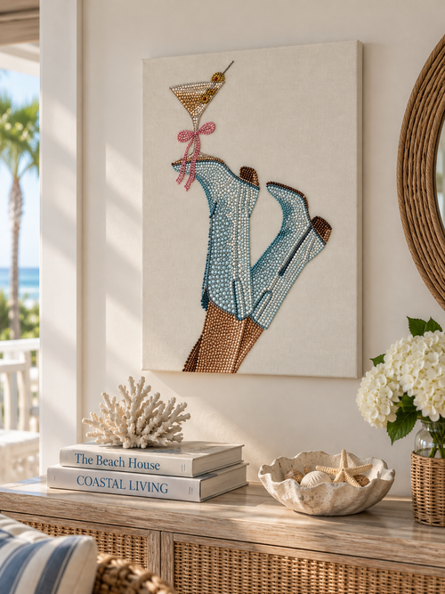 Blue cowboy boot DIY rhinestone art kit on cradled canvas