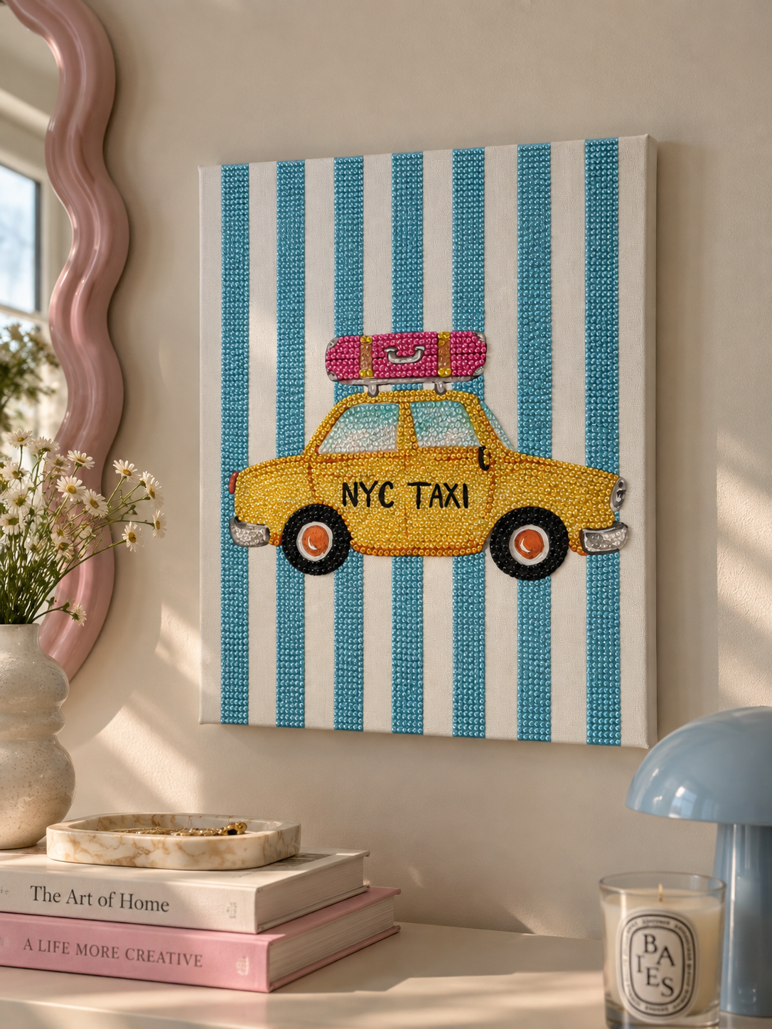 Blue striped NYC taxi DIY rhinestone art kit on cradled canvas