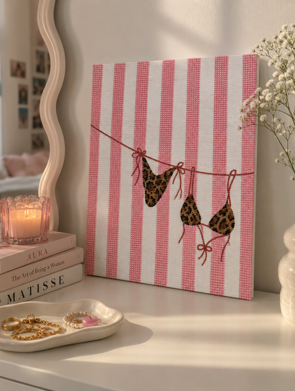 Pink striped bikini DIY rhinestone art kit on cradled canvas
