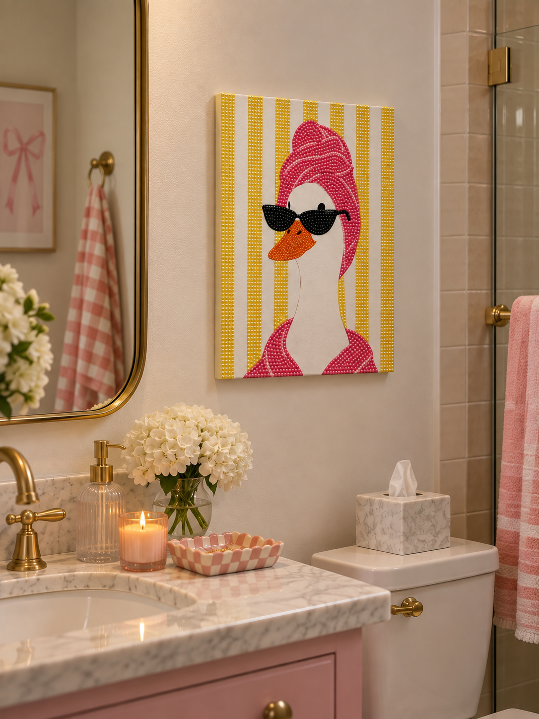 Yellow striped duck DIY rhinestone art kit on cradled canvas