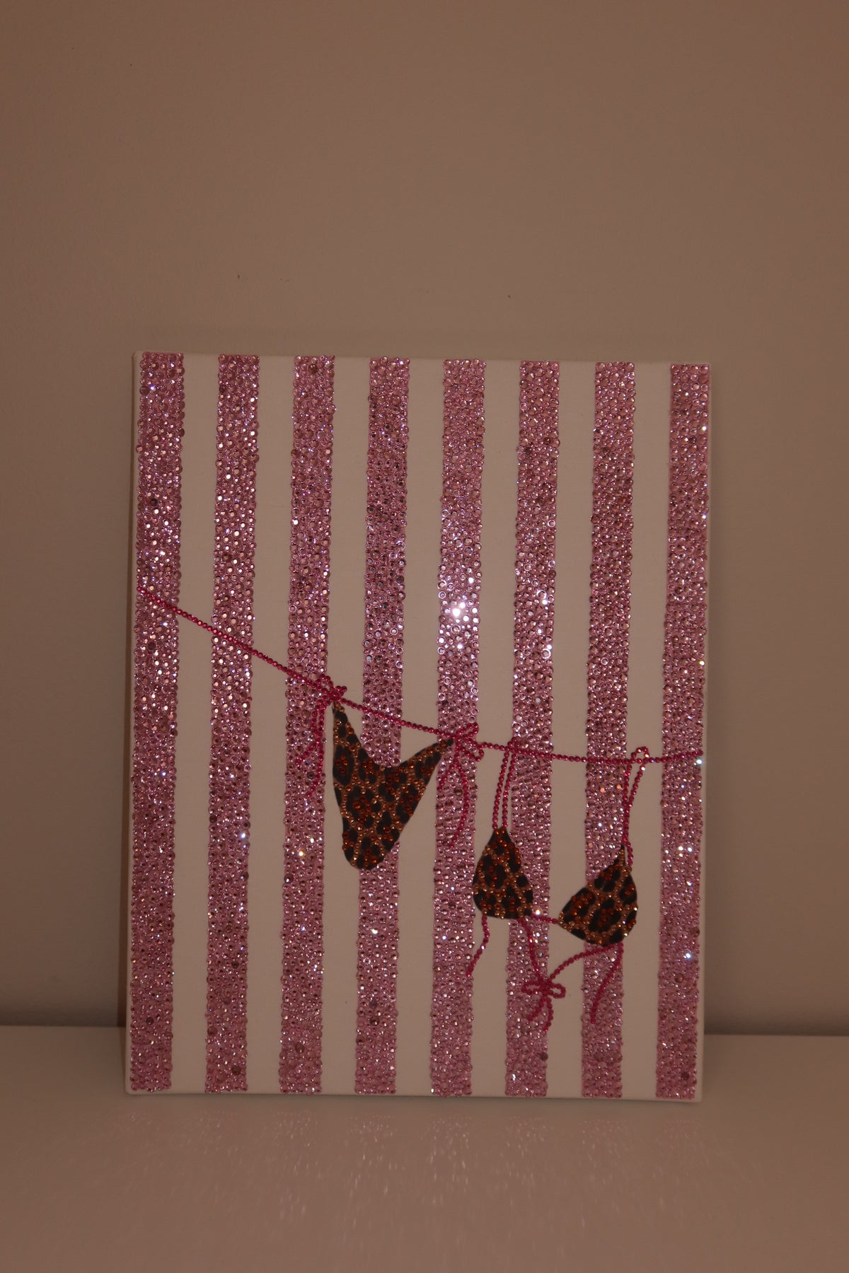 Pink striped bikini DIY rhinestone art kit on cradled canvas