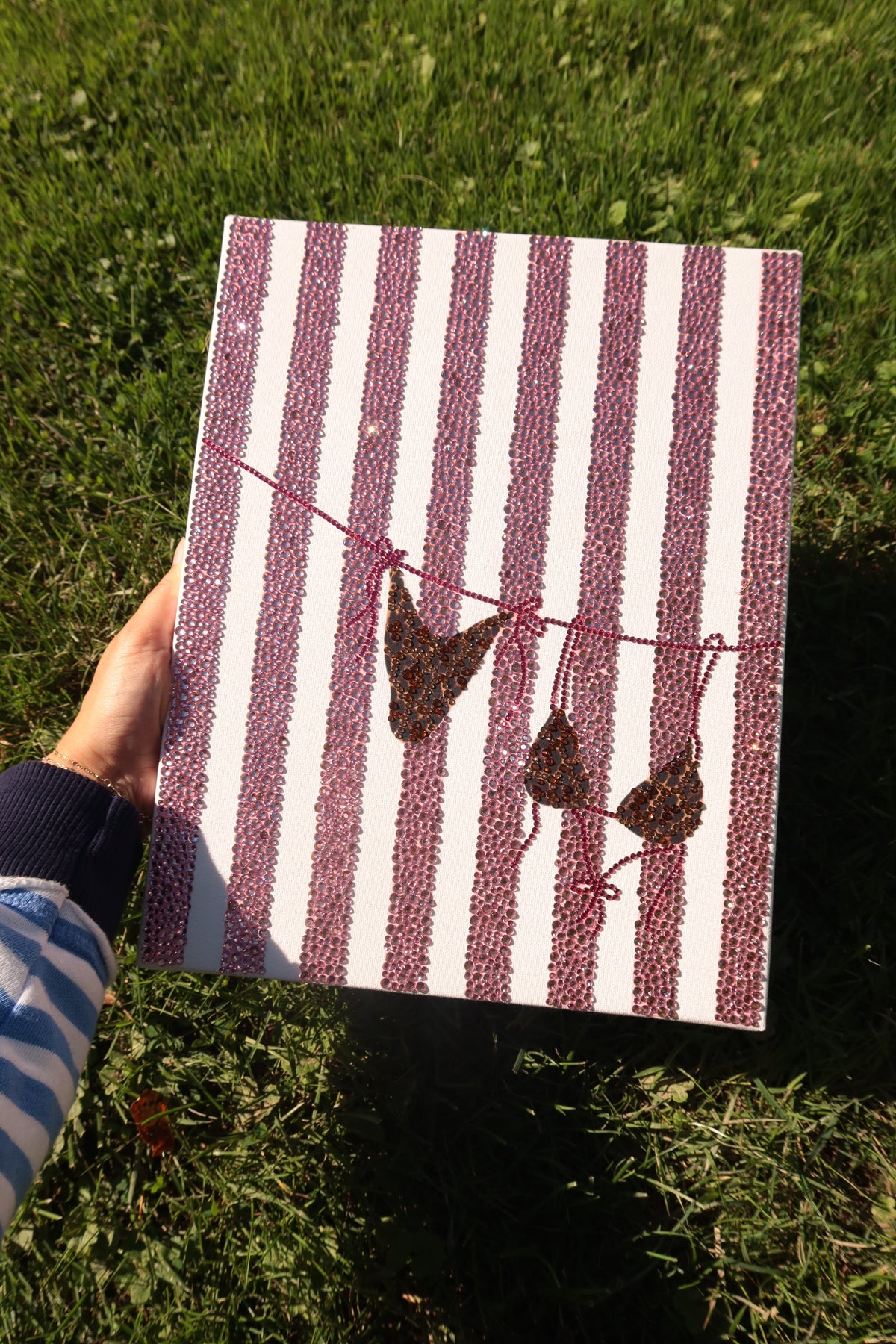 Pink striped bikini DIY rhinestone art kit on cradled canvas