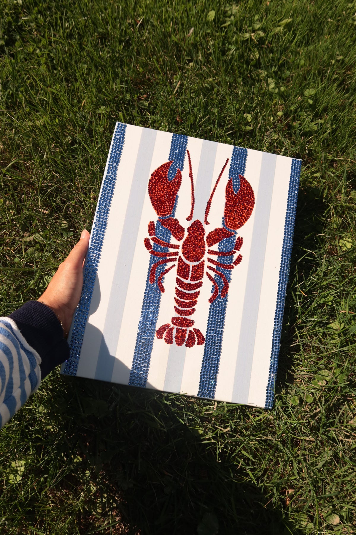 Blue striped lobster DIY rhinestone art kit on cradled canvas