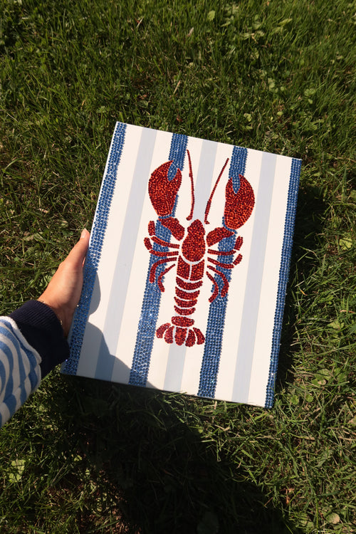 Blue striped lobster DIY rhinestone art kit on cradled canvas