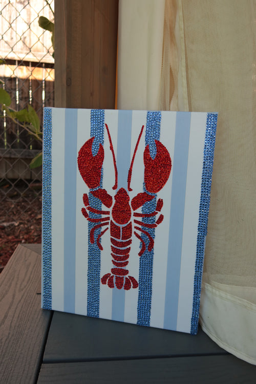 Blue striped lobster DIY rhinestone art kit on cradled canvas