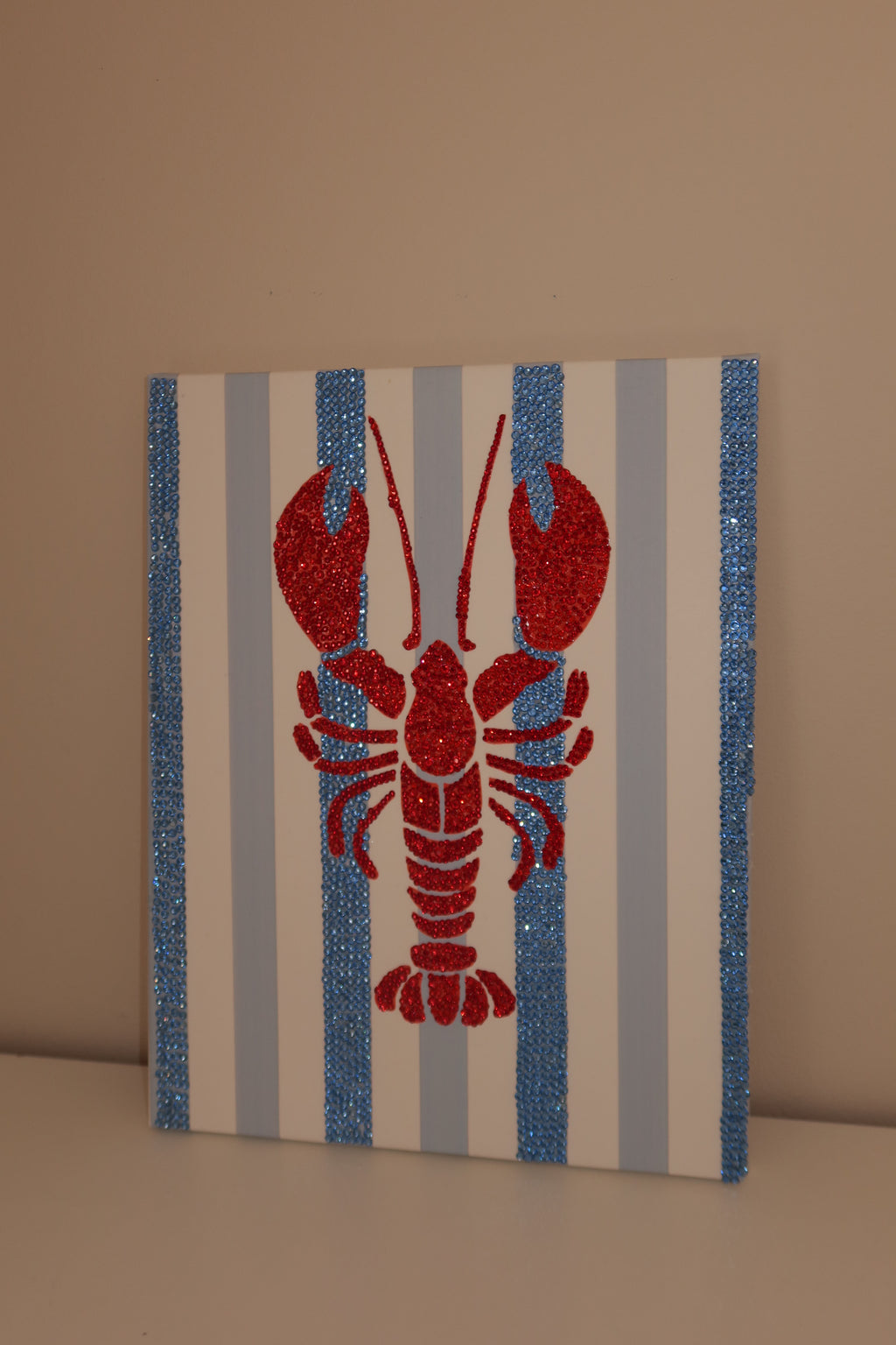 Blue striped lobster DIY rhinestone art kit on cradled canvas