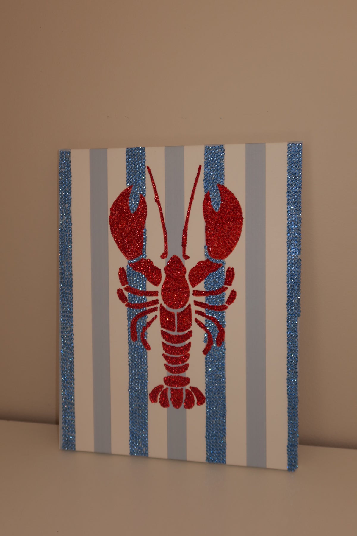 Blue striped lobster DIY rhinestone art kit on cradled canvas